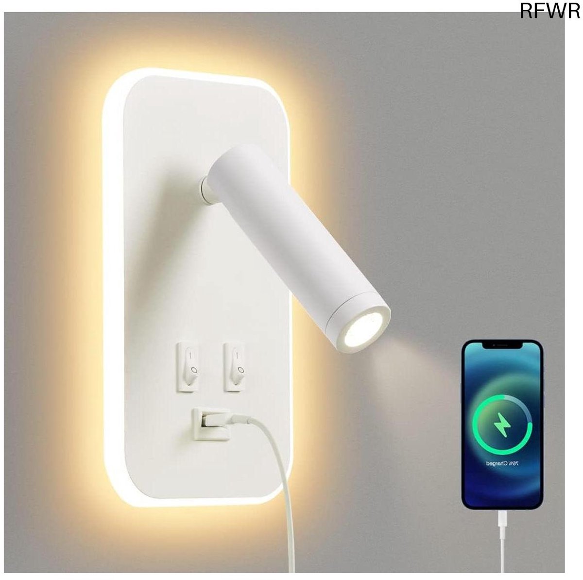 RFWR® LED-wandlamp met leeslamp, USB-oplaadfunctie en verstelbare spotverlichting voor sla