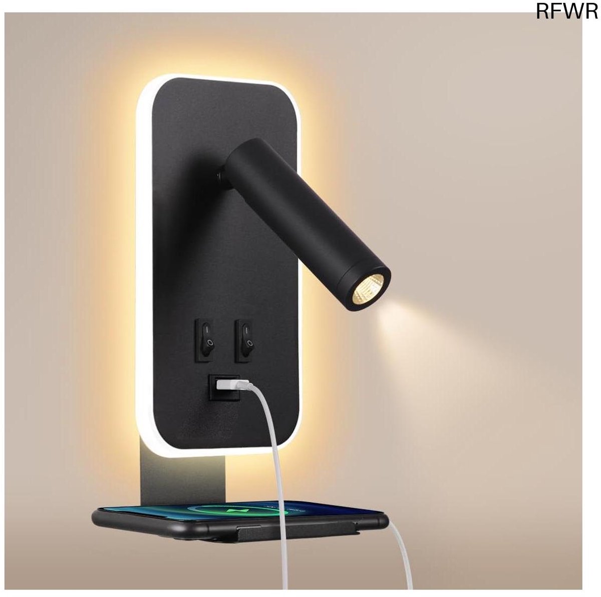 RFWR® Moderne LED Wandlamp met Schakelaar en USB-oplaadpoort voor Slaapkamer