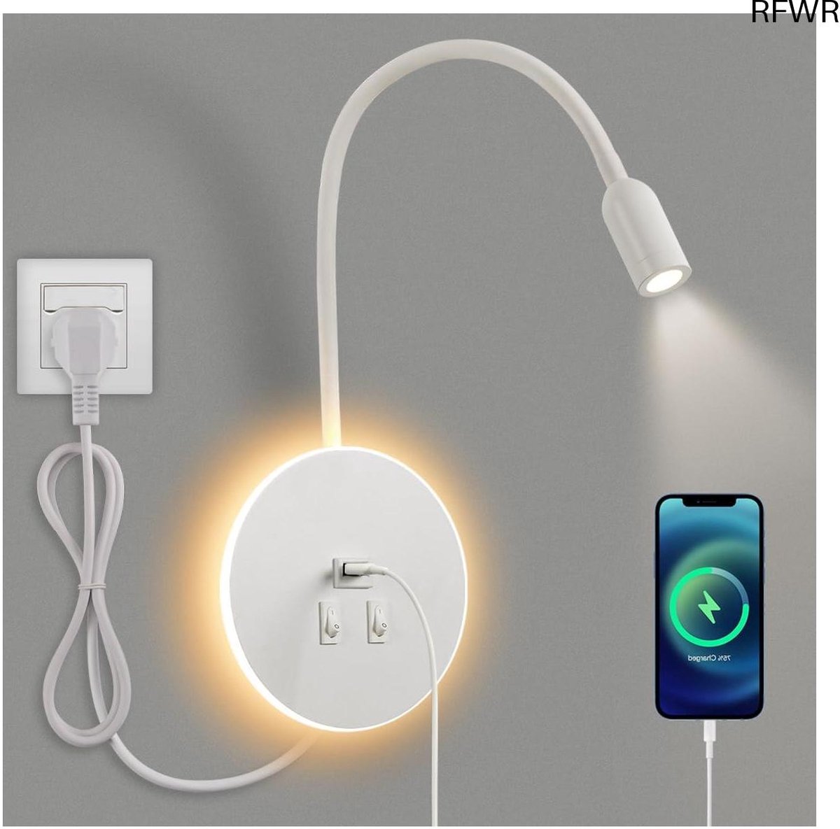 RFWR® LED Wandlamp met Zwanenhals en USB Oplaadfunctie - 3W Leeslamp en 8W Achtergrondverlichting voor Slaapkamer en Bureau