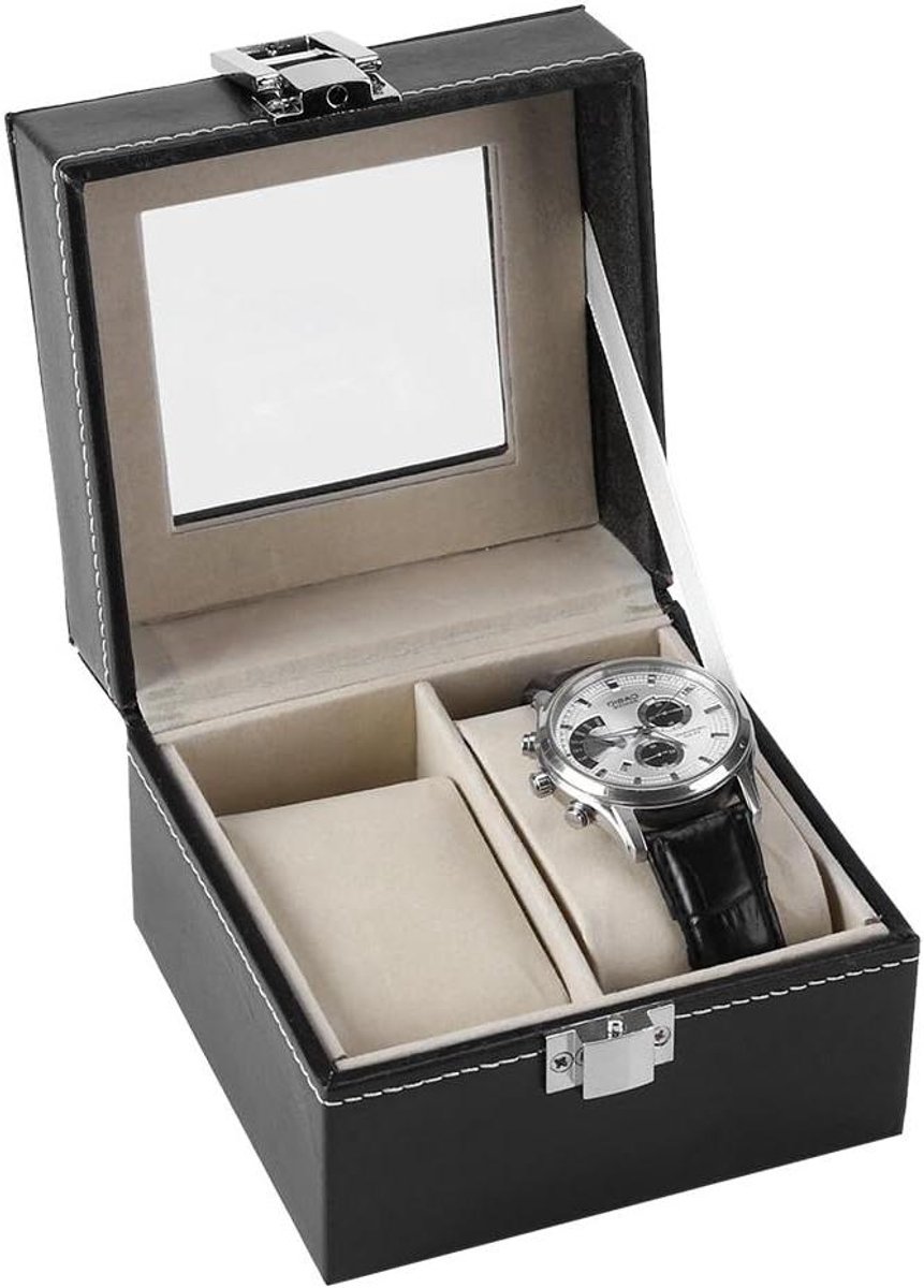 Allecto Plus - Horlogedoos voor 2 horloges met slot, spiegel en PU-behuizing - Opbergbox voor polshorloge met uitneembare kussens