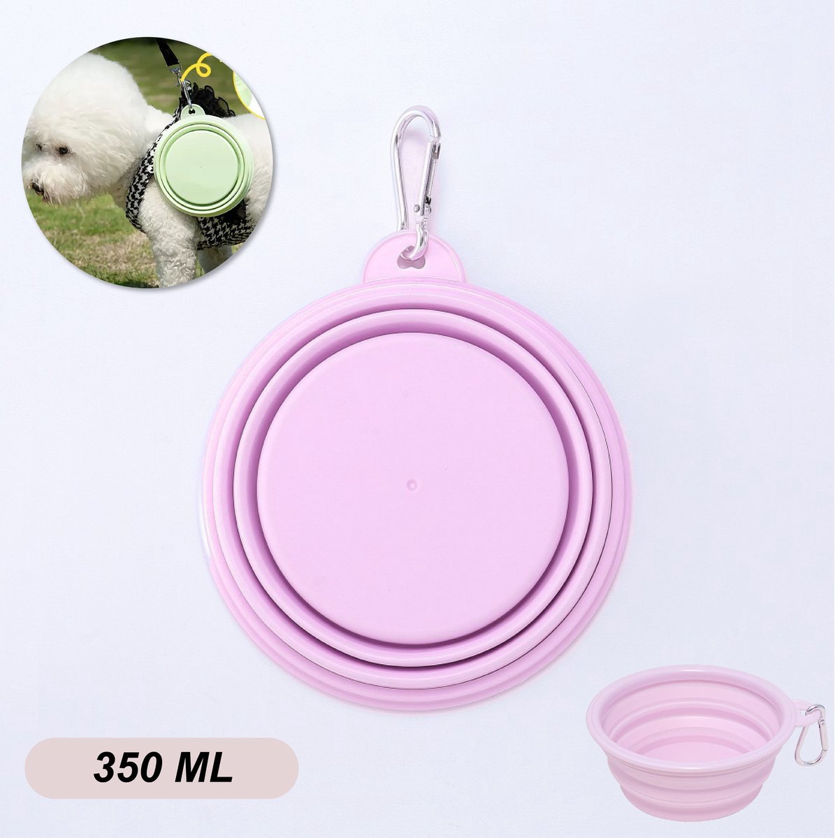Colorful Sun® Opvouwbare Voerbak- en Water met Karabijnhaak – 350ML – Voerbak & Reisdrinkbak in Eén – Siliconen Hondenbak voor Onderweg – Compact & Licht – Met Ophanghaakje – Roze