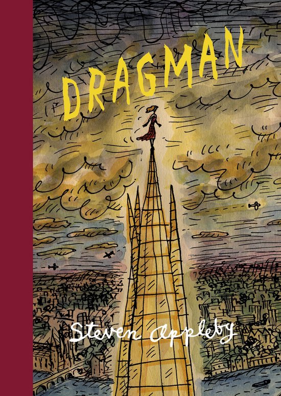Boekcover van 'Dragman' met een meisje op een torenspits boven een stad.