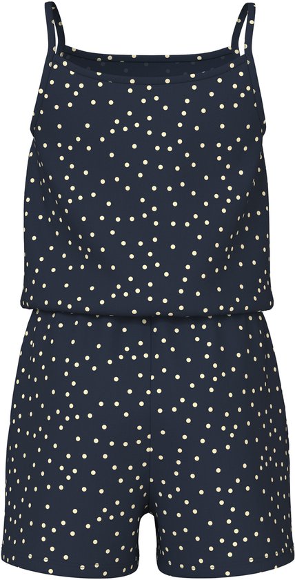 Donkerblauwe jumpsuit met spaghetti bandjes, beige stippen en een elastische taille.