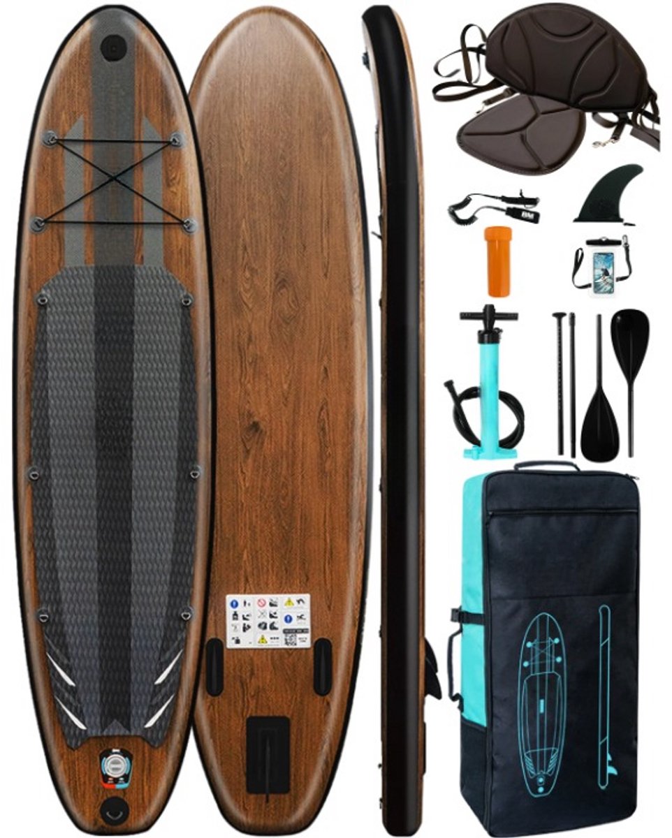 Opblaasbaar Stand Up Paddle Board – SUP Board – Inflatable Paddleboard – Waterboard – Lichtgewicht – Duurzaam PVC – Verstelbaar Peddel En Zitje - Houtmaskering