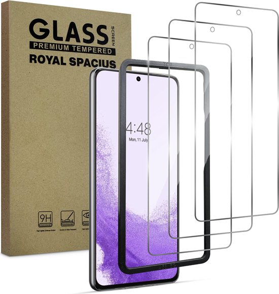 Screenprotector set 'Royal Spacius' voor Samsung S22: 3x gehard glas, uitlijn tool, telefoon.