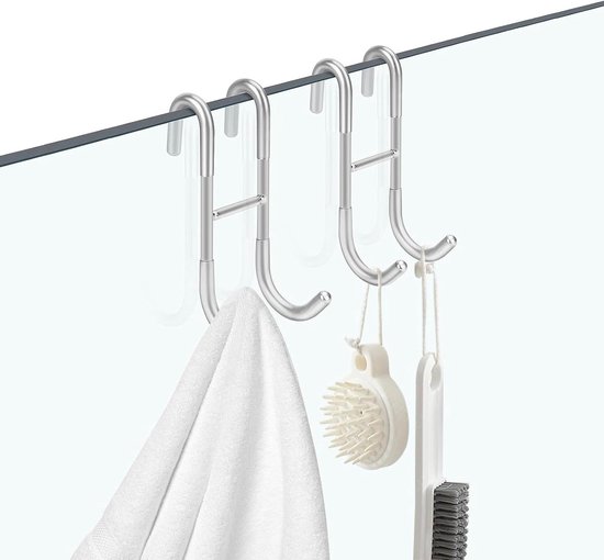 Verlengde douchedeurhaken, handdoekhaak van 18 cm roestvrij staal, 2 stuks glazen deurhaken voor badkamer, stevig zonder boren, verlengde handdoekhaken