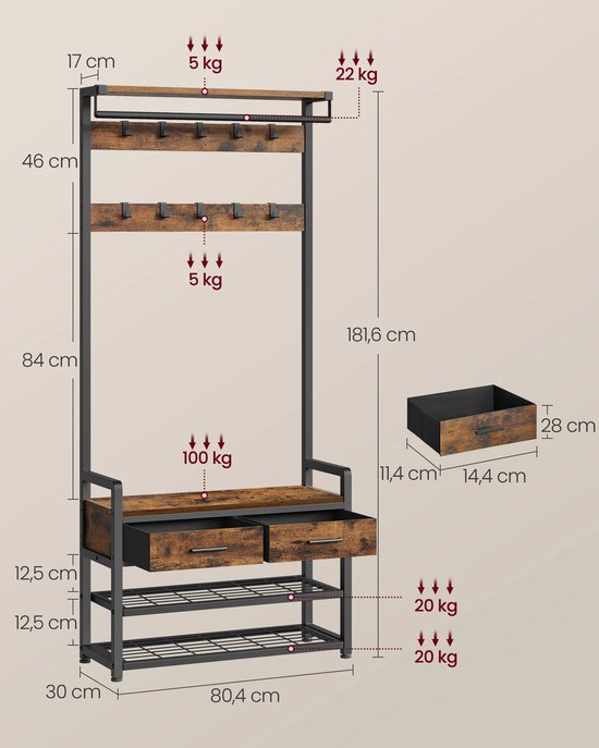 Afmetingen van een schoenenrek/kapstok met 2 lades en 3 schoenenplanken.