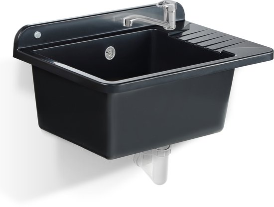 GOSPO Polypropylene sink, 50.5 x 34 x 26.5 cm, sink with tap, siphon and mounting kit, washbasin, washbasin, household sink (grey