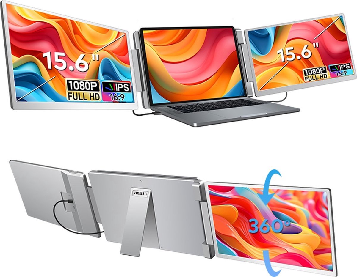 Virello® Draagbare Flip Monitor 15,6" Full HD - USB-C & HDMI - Inclusief Beschermhoes - Voor Laptop, MacBook, PS5, Nintendo Switch - Grijs - 2 jaar garantie
