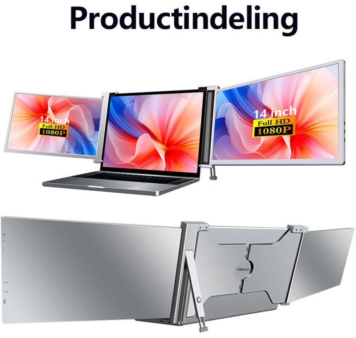 Virello® Portable Monitor Pro 2025 - 2x Full‑HD IPS 14″ scherm - Voor Laptops van 14" t/m 17.3" - Laptopscherm uitbreider - USB-C/USB-A & HDMI - Inclusief Hoes & Kabels - Grijs - 2 jaar garantie
