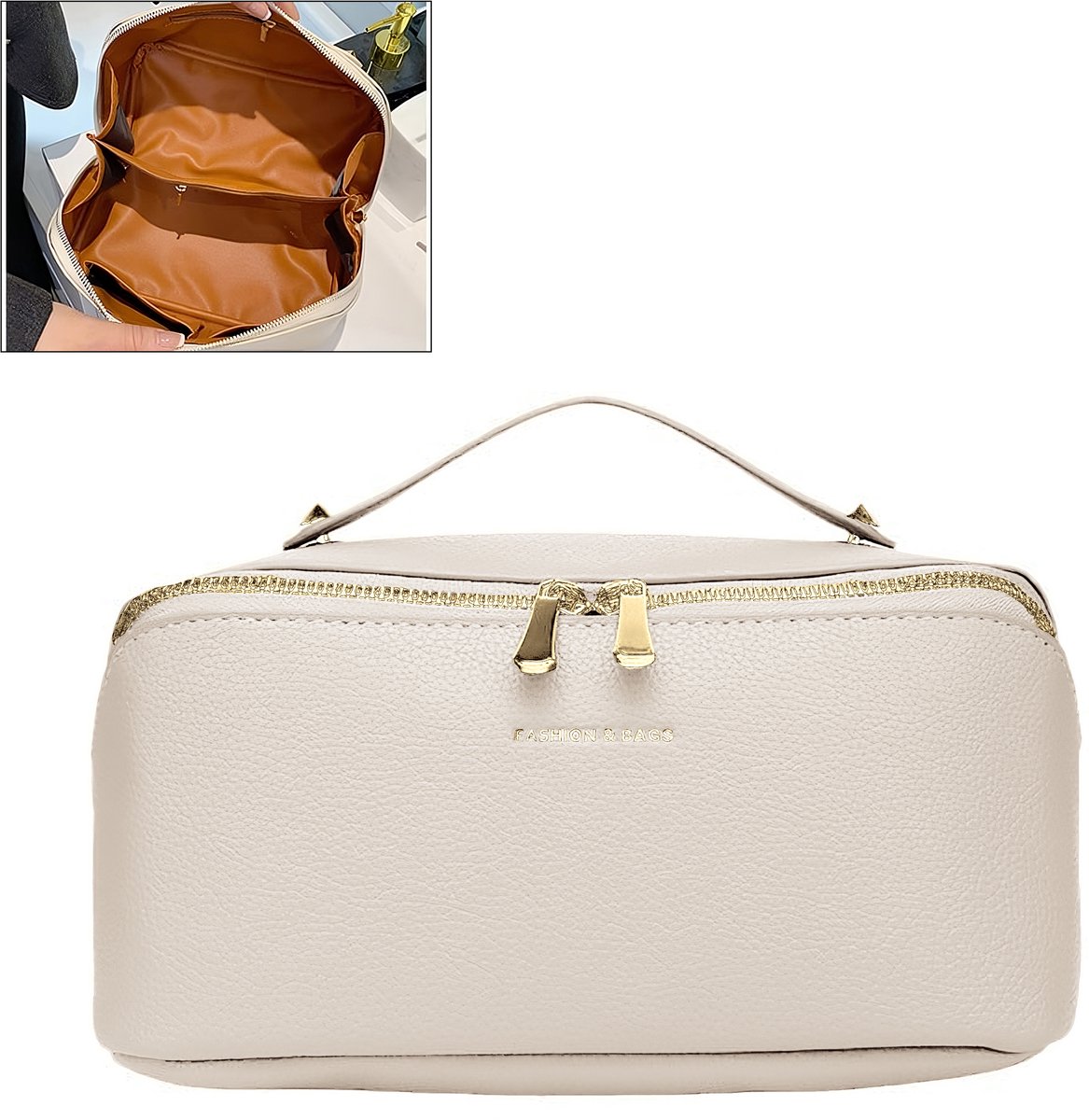 Rainbecom - Make-uptas Dames – Grote Capaciteit Toilettassen – Lay-flat Luxe PU Toilettas – Beige – Reistas Cosmetica Tas – Reistoilettas - Cadeau