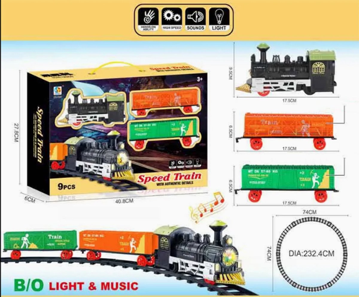 Trein met LED Verlichting en CHOO CHOO geluid – Grote Ronde Spoorbaan 74x74cm - 9-delig trein set