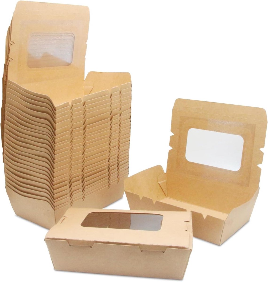 Allecto Premium - Biologisch Afbreekbare Voedselcontainers met Venster - Kraftpapier-doos voor Voedsel - Set van 20 - Olie- en Waterbestendig - Geschikt voor Sandwich Cheesecake Hamburger - 900ml/32oz