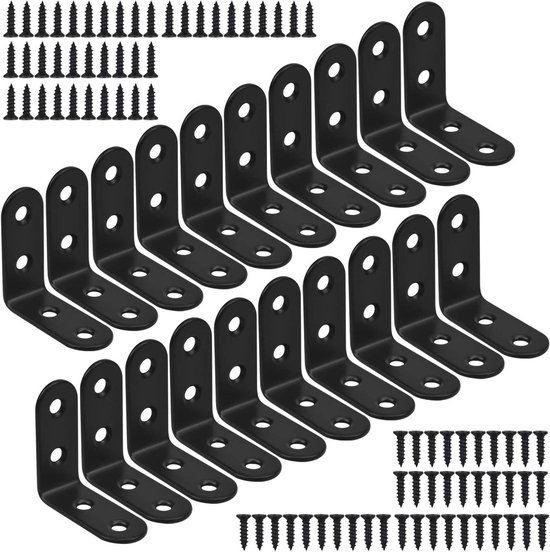 Allecto Premium - 20 pièces connecteurs d'angle en acier inoxydable 90 degrés - supports en forme de L - support d'étagère en métal - coin de meuble - y compris 80 vis - noir