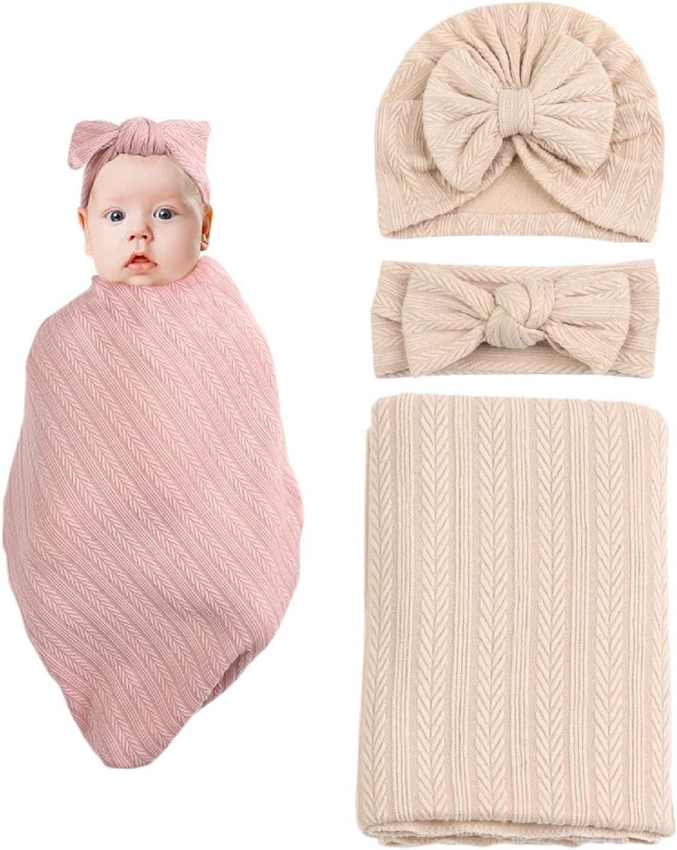 Swaddle Deken voor pasgeborenen 35 x 33 inch met tarwepatroon inclusief hoofdband set - Slaapzak inbakerdeken voor baby's - Beige