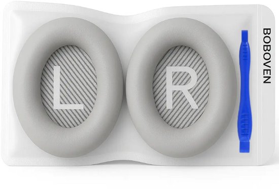 Grijze oorkussens met 'L' en 'R' markering, verpakt met een blauw gereedschap.