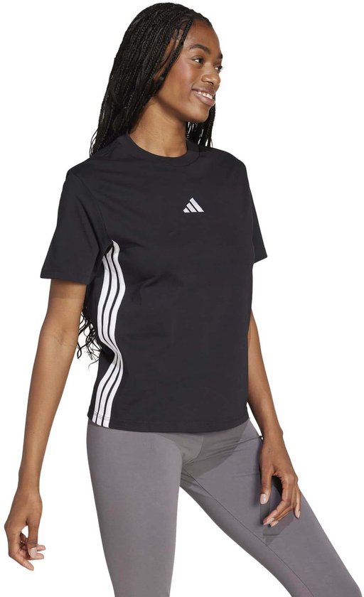 Zwarte dames t-shirt met korte mouwen, Adidas logo op borst en strepen op de zijkant.