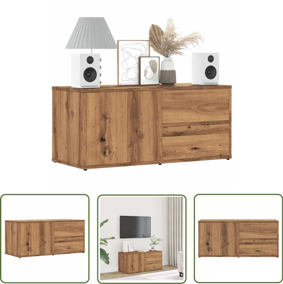 vidaXL Salontafel - Tv Meubel - Tv-meubel 80x34x35,5 cm bewerkt hout artisanaal eikenkleur - Kast - Houten Tv Stand - Media Kast