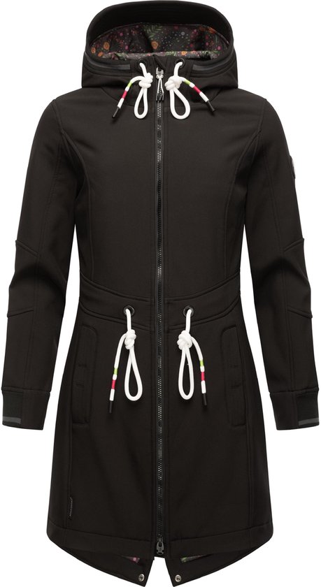 Veste softshell noire avec capuche, cordons de serrage blancs et ceinture à la taille, vue de face.