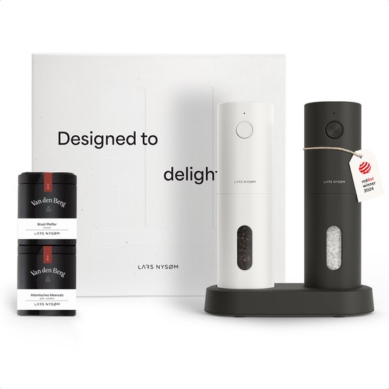 LARS NYSØM LARS NYSØM Elektrische kruidenmolens & specerijen geschenkset - Zout- en pepermolenset met 2 hoogwaardige kruidenpotjes (zout, peper) - Mooie geschenkverpakking (Carbon Black/Pure White)