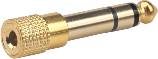 Gouden 6.35mm naar 3.5mm audiostekkeradapter met getextureerd handvat.