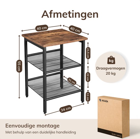 ACAZA Bijzettafel - Vintage bruin - 40 x 40 x 55 cm (L x B x H) - 2 Verstelbare Roosterplanken - Kleine Salontafel - Tafel Industrieel - Banktafel - Bijzettafels - Bijzettafel zwart en bruin vintage - Bijzettafel hout - Houten Bijzettafel