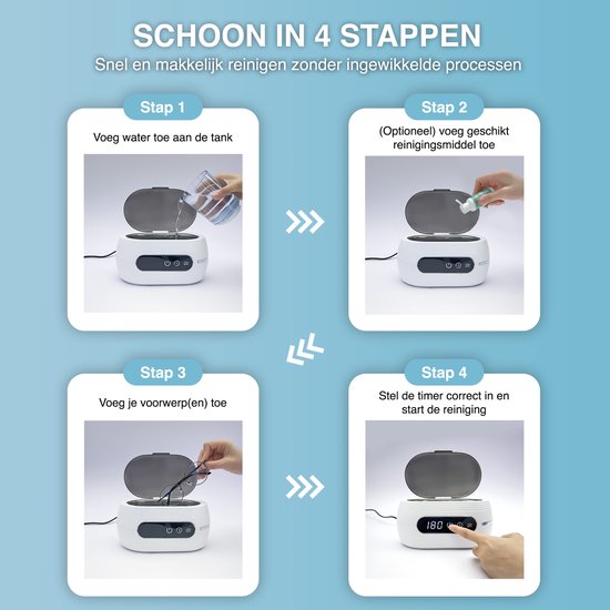 Vier stappen voor het gebruik van de ultrasone reiniger: water toevoegen, reinigingsmiddel toevoegen, objecten plaatsen, timer instellen.