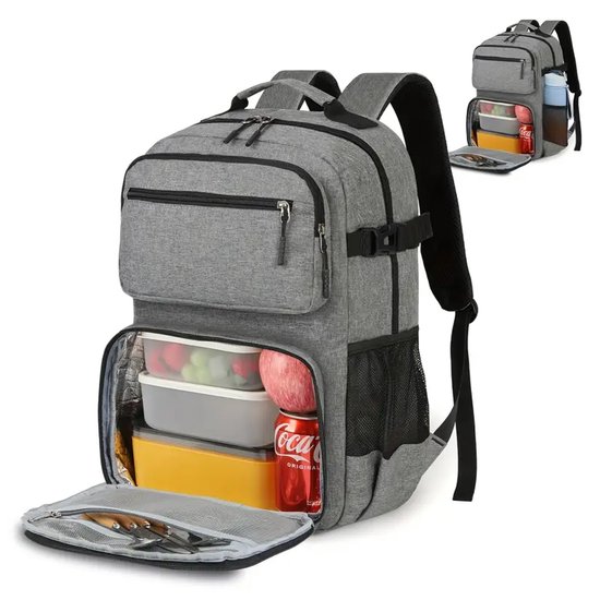 Sac à dos pour femme et homme avec compartiment déjeuner et compartiment pour ordinateur portable - 15,6 pouces - Étanche - Pour École, le travail et les Voyages - Grijs