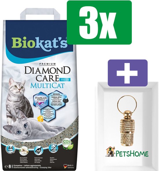 Biokat's Diamond Care fresh multicat 8ltr - Kattenbakvulling - 3 Zakken - Inclusief PetsHome Goudkleurige Adreskoker