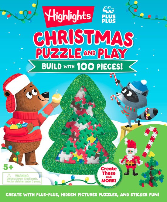 Highlights & Plus-Plus Activity Book and Blocks Set- Christmas Puzzle and Play: Build with 100 Pieces!
