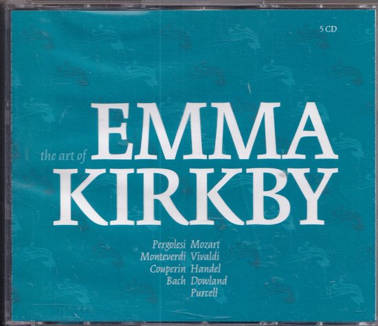 Hoes van de 'The Art of Emma Kirkby' 5 CD boxset. Teal met witte tekst "EMMA KIRKBY".