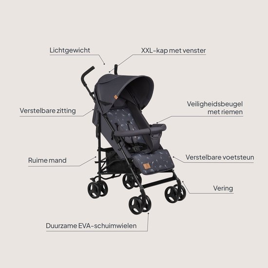 Grijze buggy met labels: XXL kap, verstelbare zitting, ruime mand, voetensteun, vering, duurzame wielen.
