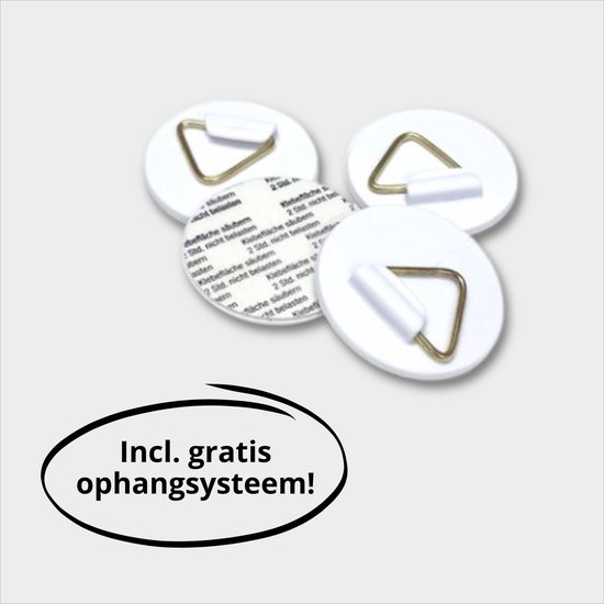 Quatre ronds blancs pour fixation murale avec un petit crochet en métal doré et une bande adhésive. Système de suspension gratuit inclus.
