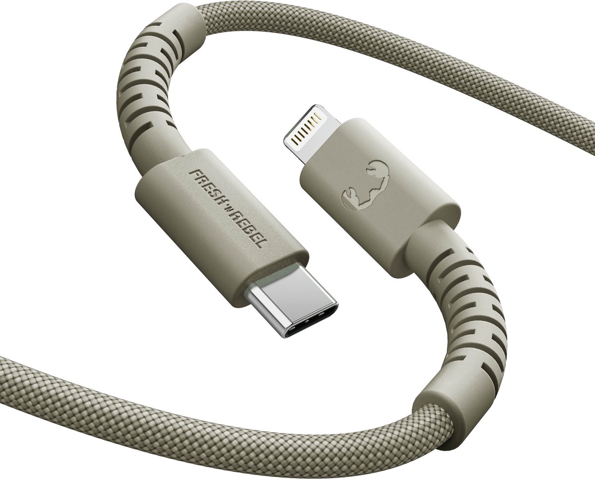Fresh 'n Rebel FlexWave Oplaadkabel voor iPhone - USB-C – Extra lang (2m) - Siliconen gevlochten kabel - USB-C naar Apple Lightning - Dried Green