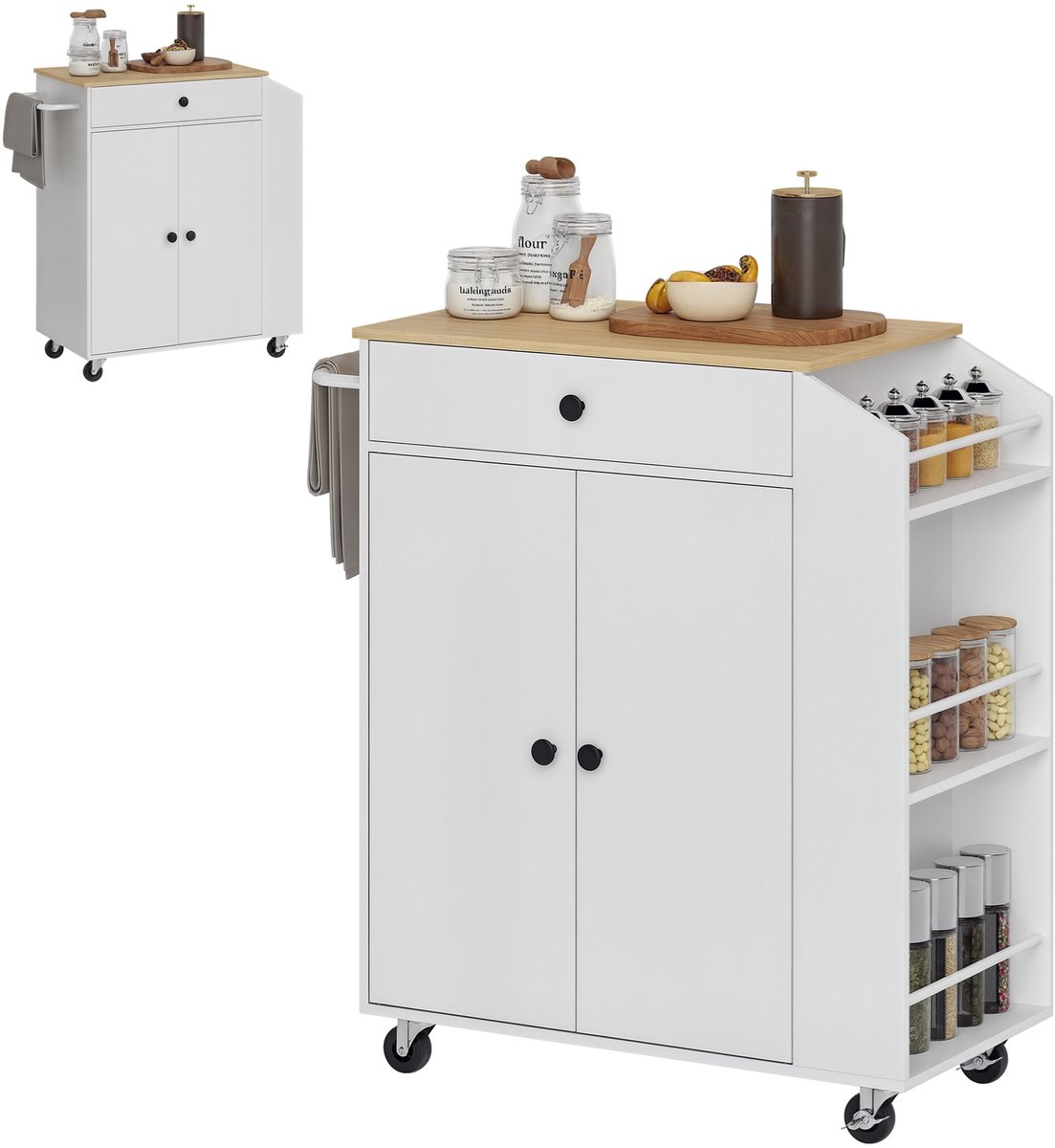 Homcom keukenwagen met lade en kast - Keukeneiland - Serveerwagen - Wit Weiß