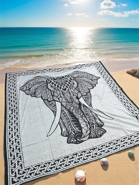 Groot Dun strandkleed - XL strandlaken - Olifant strandlaken - Groot strandlaken - 210x220 - olifant - beige/zwart - tweepersoons strandkleed