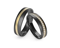 Jonline SET Trouwringen Zwart Titanium & Gold | Vriendschapsringen |Relatie ringen | Set Ringen|