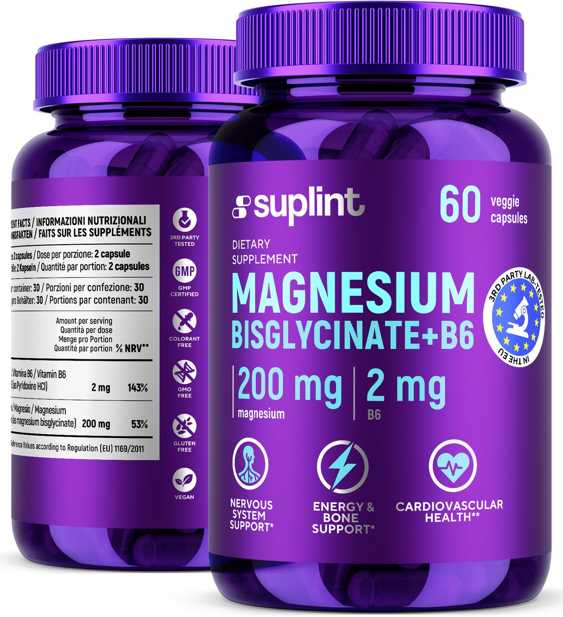 Goedkoopste Magnesium Bisglycinaat - Magnesium B6 - Magnesium capsules - Vermoeidheid - Zenuwen - Botten - Energie – Spierkrampen – Slaap – Spieren en gewrichten – Hoge kwaliteit - Hoge opname - Suplint