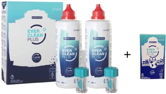 Ever Clean Plus lenzenvloeistof met 2x 350ml flessen, 2 lenshouders en een 60ml reisverpakking.
