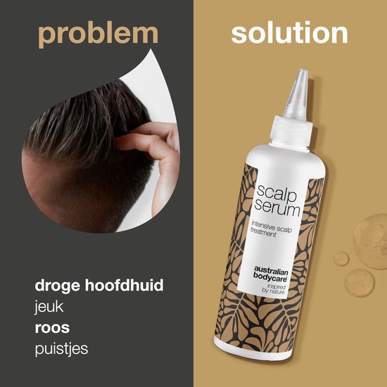 Side-by-side comparison showing a person scratching an irritated scalp with flakes ('problem') and a bottle of scalp serum ('solution').