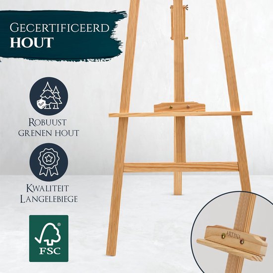 Detail van een houten schildersezel met FSC-logo, tekst "GECERTIFICEERD HOUT".