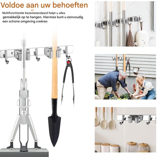 2-stuks bezem- en dweilhouder - Dweilhouder van roestvrij staal - Robuuste bezemhouder van roestvrij staal - 2 planken en 3 haken Dweilhouder - Voor keuken, badkamer, garage en tuin - zilver van Merkloos	 — afbeelding 5