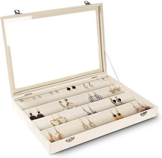 Frebeauty Sieraden Trays Velvet Clear Lid Organizer (Beige, 10