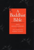 Het boek "A Buddhist Bible", geredigeerd door Dwight Goddard, met een nieuw voorwoord door Robert Aitken, op een zwarte omslag met takken met bloesems.