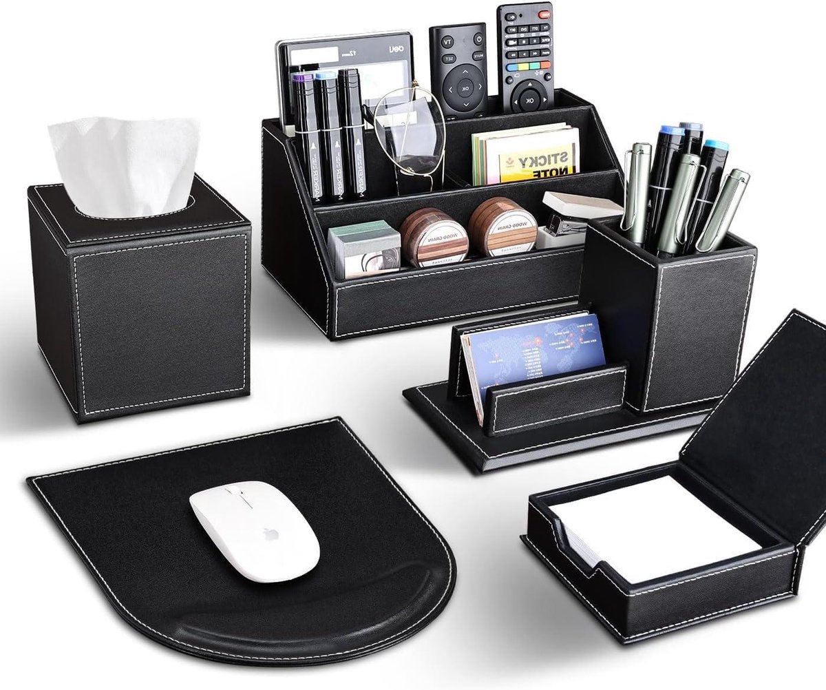 Allecto Premium - Complete bureauset zwart PU-leer | Kantooraccessoires | 5 stuks