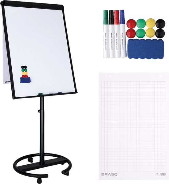 BRASQ Flipover Verrijdbaar Deluxe -70x100 cm - Verstelbaar Whiteboard - Inclusief 25 vellen papier en accessoires - met Uitschuifbare Armen - Magnetisch bord met Haken - Magneetbord - Zwart