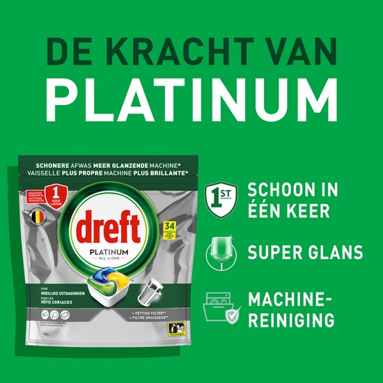 Tablette pour lave-vaisselle Dreft Platinum Tout en Un, 34 pièces. Pour vaisselle propre, super brillance et nettoyage de la machine.