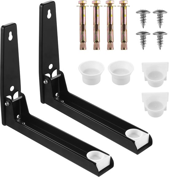 FREEUP Magnetronrek muur voor keuken, muur magnetronhouder rek roestvrij staal, zwart magnetronhouder met 6 haken, kleefmontage of boormontage