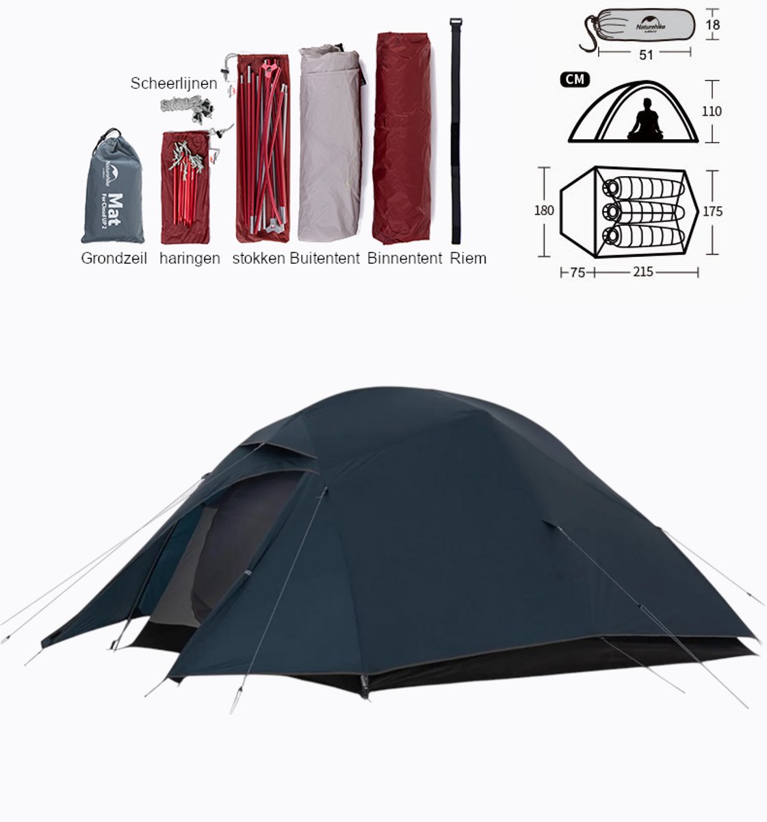 Naturehike Cloud Up 3 Upgraded – 3 persoons lichtgewicht tent – Waterdichte kampeertent – 20D 4000MM – Inclusief grondzeil – Outdoor trekking – Navy Blue – foto 8