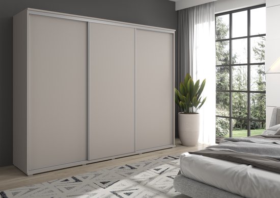 LAGO kledingkast met schuifdeuren - breedte 220 cm - 3 deuren - met laden - met legplanken - met hanggedeelte - grote ruime schuifkast - beige - cashmere